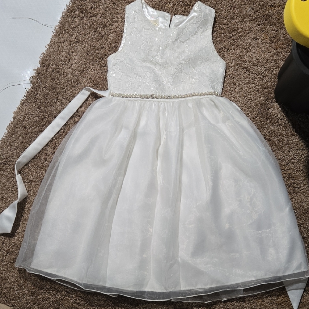 American Princess White Lace & Tulle Pearl-Belted Flower Girl Dress